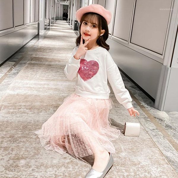 

clothing sets menoea 2021 girls long sleeve outfits heart pattern polka dot layered dress 2pcs teenager cute princess suits 4-13y1, White