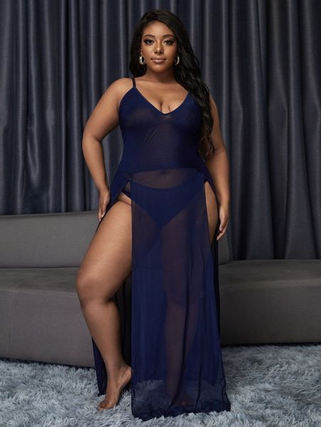 

plus sheer mesh split dress with panty n1yz#, Black;white