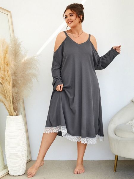 

plus chevron embroidery mesh hem cold shoulder nightdress e6cq#, Black;white