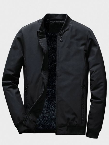 

men solid teddy lined bomber jacket j03d#, Black;brown