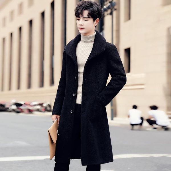 

autumn and winter fleece solid windbreaker jacket 2020 new men coat fashion long trench coats lapel business overcoat parka, Black