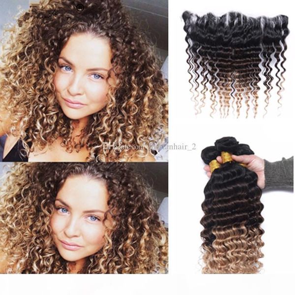 

brazilian human virgin hair 1b 4 27 honey blonde lace frontal with bundles deep wave three tone hair weaves part lace frontal, Black;brown