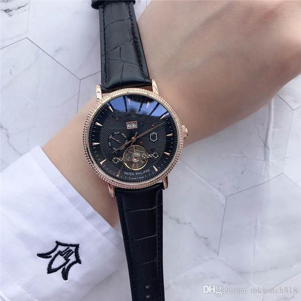 

men automatic mechanical watches brand luxury wristwatches leather strap calendar big dials clock sport watch, Slivery;brown