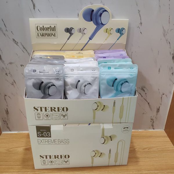 

wired mobile earphones s-03 with 4d bass suitable for smartphone online chatting call wired in color bag with diaplay box