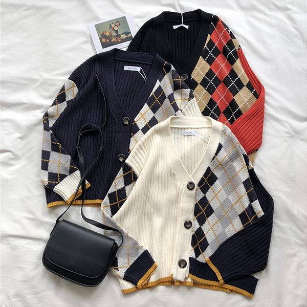 

3 colors 2019 spring and autumn korean style color patchwork v neck plaid knittd cardigans womens sweaters womens x180, White;black