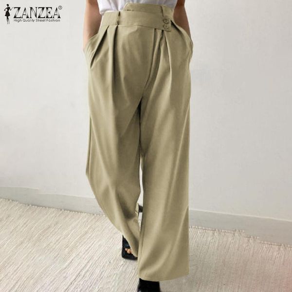 

women autumn elegant office pants zanzea fashionable pleated korean long suit trousers casual high waist vintage wide leg pants, Black;white