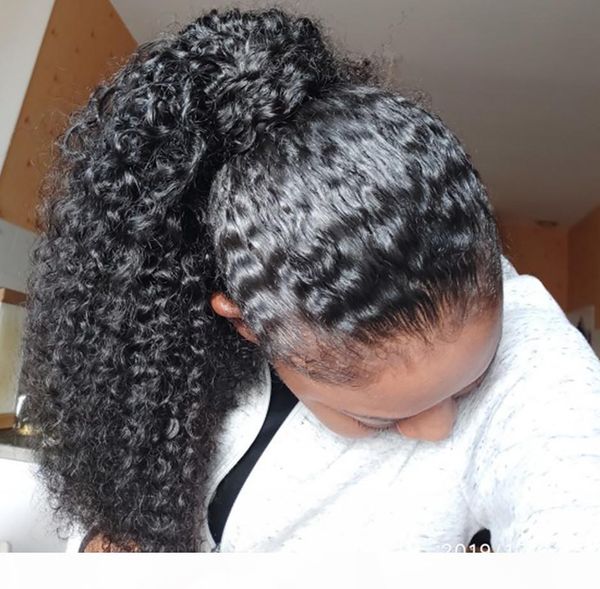 

afro kinky curly ponytail human hair remy youg girl brazilian wrap around drawstring ponytail clip in hair extensions, Black