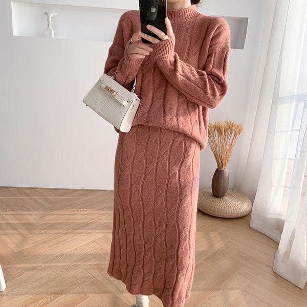 

2021 new feminine thicken two loose solid mock neck mesh pullover jumper mid calf skirts straight lady from office heating set d14x, Gray