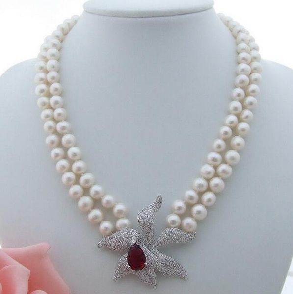 

2row 8mm white pearl necklace cz pendant, Silver