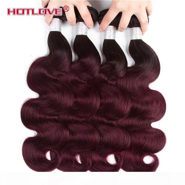 

pre-colored ombre brazilian hair 4 bundles deals 1b 99j wine red 2 tone dark roots body wave ombre human hair weave extensions ove, Black