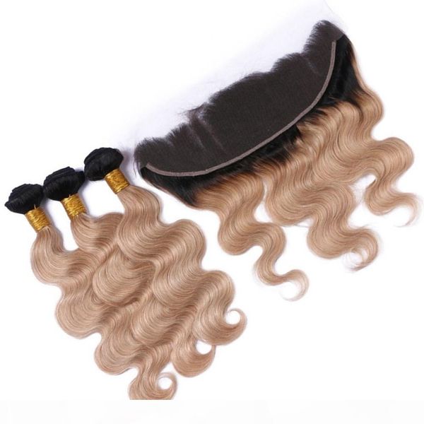 

honey blonde ombre brazilian human hair weaves with frontal body wave 2tone 1b 27 blonde ombre 13x4 lace frontal closure with 3pcs bundles, Black;brown