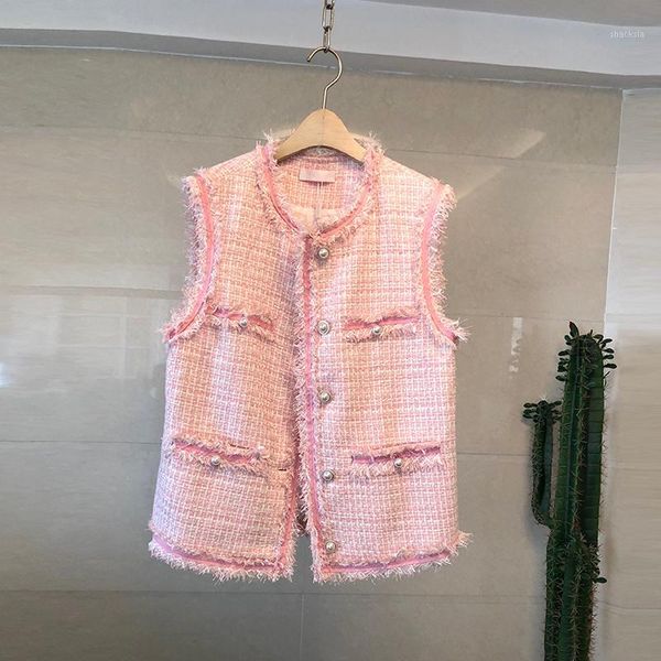 

2020 autumn small fragrance tweed vest women runway luxury vintage single breasted sleeveless tassel jacket1, Black;white