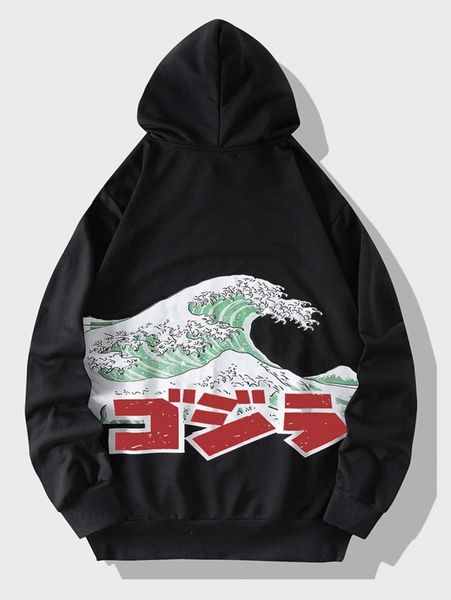 

men japanese letter & wave print kangaroo pocket drawstring hoodie 24vk#, Black