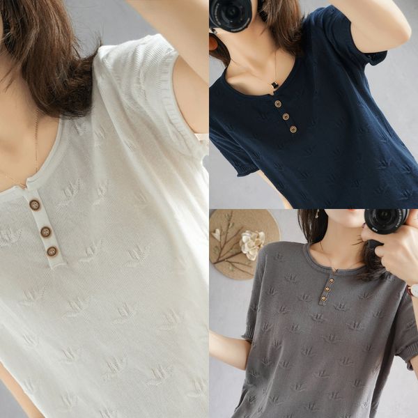

new korean summer fashion women's solid color women's round cotton t-shirt jacket cotton t-shirt neck body short sleeve loose knit, White