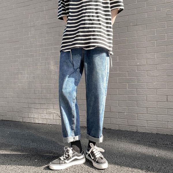 

2020 spring and autumn new youth popular couple pure color simple loose jeans fashion casual all-match straight-leg pants1, Blue