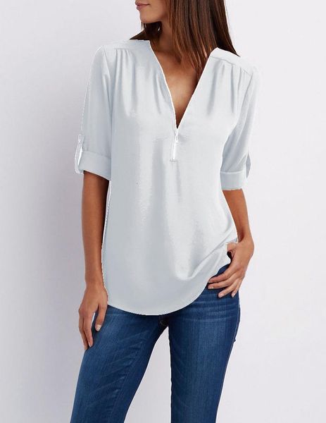 

zipper long sleeve women shirts v neck solid womens and blouses casual tee shirts female clothes plus size 5xl, White