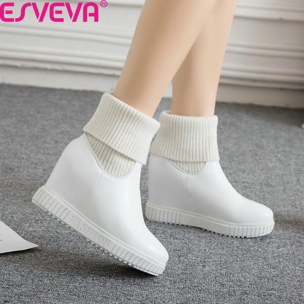 

esveva 2020 women shoes ankle boots round toe solid wedge high heel slip on simple concise casual all match boot size 34-43, Black