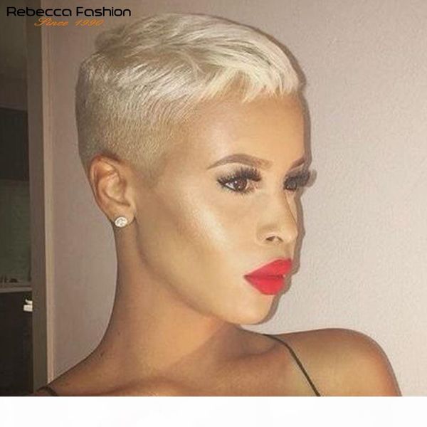 

rebecca short straight pixie cut wigs lace part human hair wigs lace front pre plucked brazilian short blonde pink burgundy wigs, Black