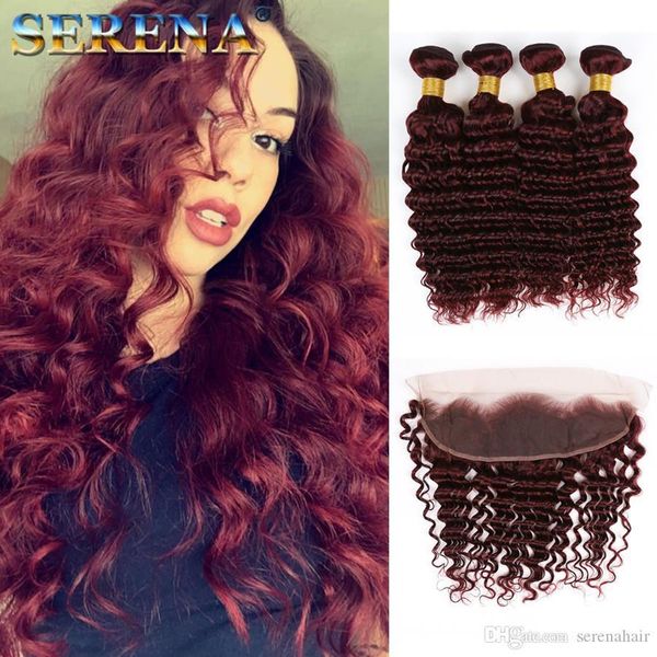 

brazilian 99j human hair weave 100% human hair extensons deep wave wine red 4bundles burgundy hair with ear to ear 13x4 lace frontal closure, Black;brown