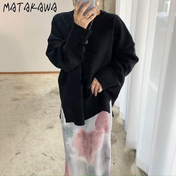 

matakawa autumn and winter woman sweaters korean chic o-neck pullover round neck loose knitted sweater, White;black
