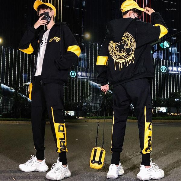 

hip hop yellow compass tracksuit men two-piece set trendy jacket hood tracksuit men 2020 autumn loose fit sweat suit set1, Gray