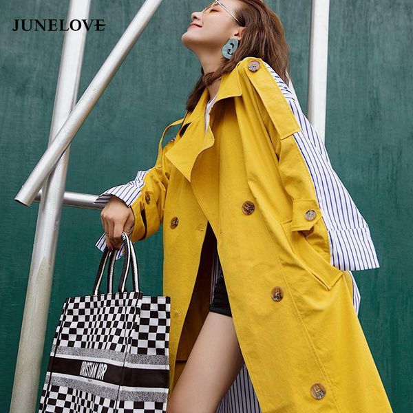 

women's trench coats junelove korean women clothes autumn windbreaker female long coat double breasted striped stitching yellow outwear, Tan;black