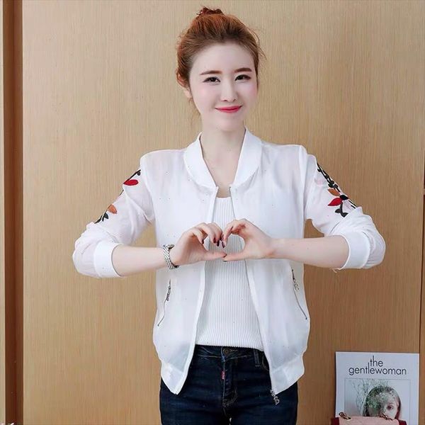 

embroidery elegant solid zipper uniform bomber jacket women korean casual basic street thin section coat, Black;brown