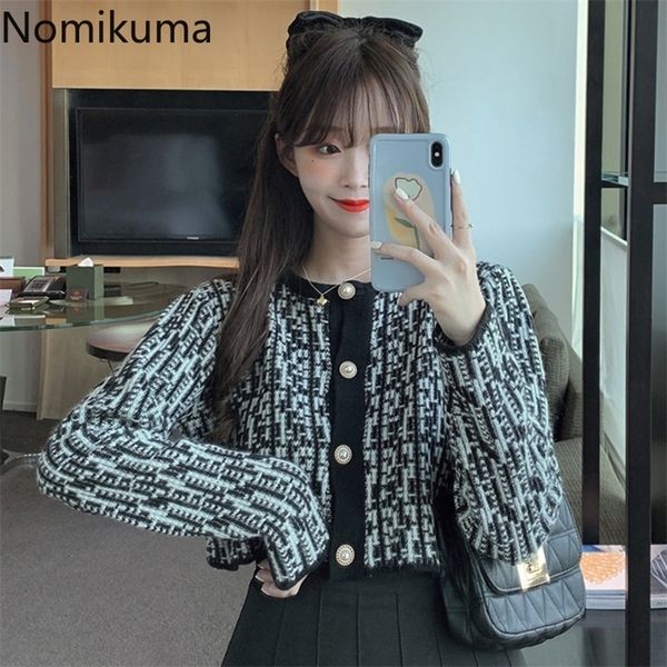 

nomikuma korean short elegant women sweater coat single breasted long sleeve o-neck knit cardigan jacket 2020 autumn new lj201126, White;black