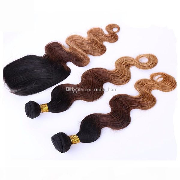 

t1b 4 27 honey blonde human hair weaves with lace closure three tone ombre hair bundles with lace closure fast shipping 4pcs lot, Black;brown