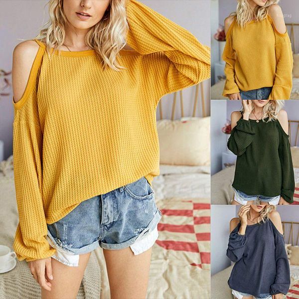 

women lantern sleeve waffle knit sweater halter neck cold shoulder jumper 1, White;black