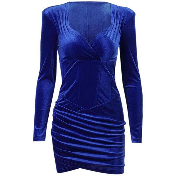 

women long sleeve v-neck shoulder padded ruched wrap velvet bodycon mini dress, Black;gray