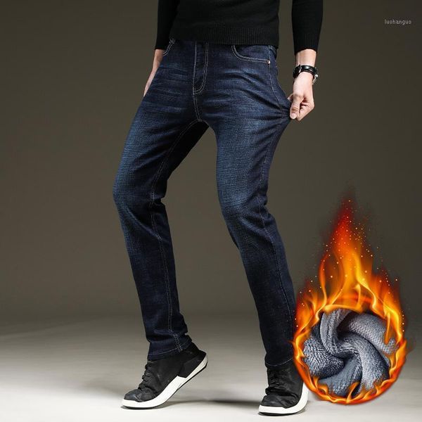 

winter new men's warm fleece thick jeans 2020 classic style business fashion black blue denim straight pants male brand trousers1