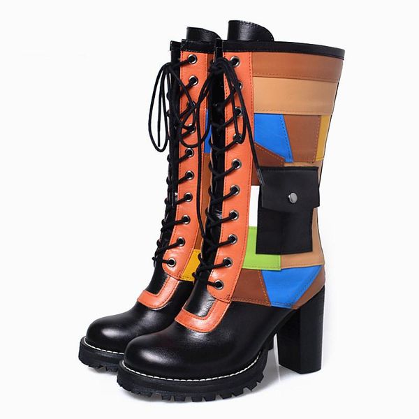 

patchwork genuine leather women winter boots vinatge high heel boot lace up mid-calf platform rubber botas militares, Black