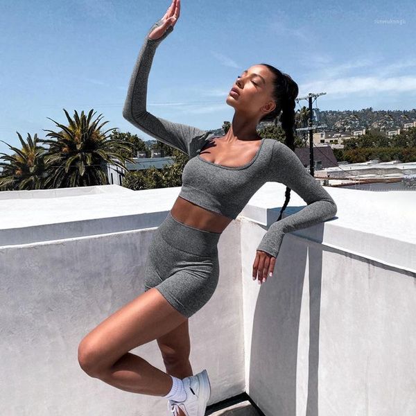 

yoga outfits summer set women two 2 piece pink long sleeve crop t-shirt shorts sportsuit workout outfit gym sport set1, White;red
