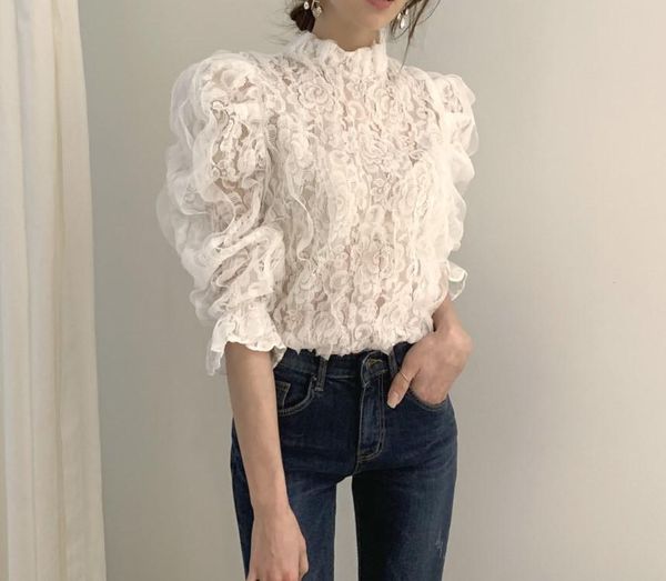 

korean version of chic delicate half-height stand collar three-dimensional lace hook flower perspective flared sleeve chi, White