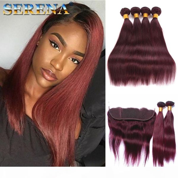 

8a peruvian straight human hair bundles with closure 99j straight 4 bundles lace frontal with bundles red wine human hair extensions, Black;brown