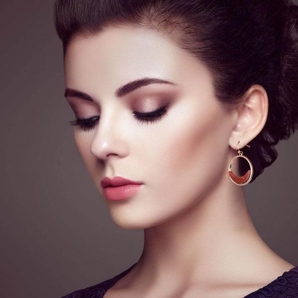 

timeonly elegant dark red natural stone hollow alloy circle dangle earrings for women female earring anniversary accessories, Silver