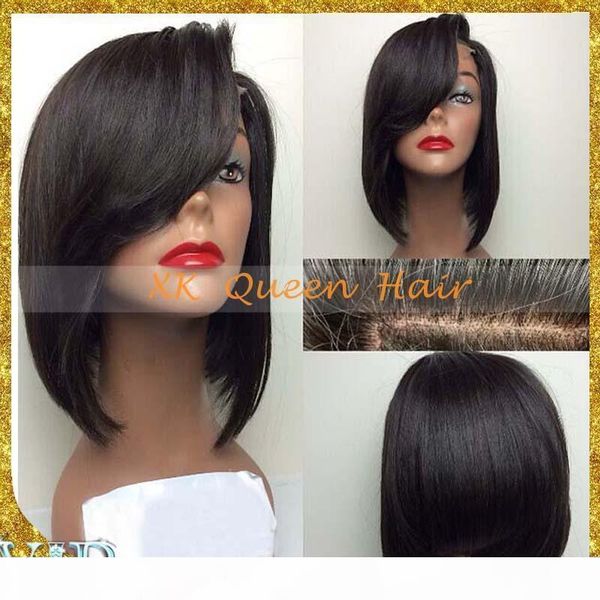 

brazilian bob cut wigs side part human hair bob lace front wigs bleached knots full lace wigs with bangs, Black;brown