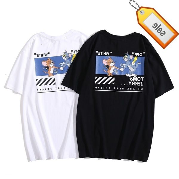 

off fashion brand short sleeve cat mouse printing bar line men's women's lovers round neck loose t-shirt, White;black