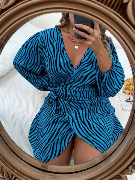 

plus zebra stripe knot side wrap dress b19l#, Black