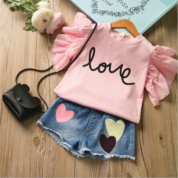 

summer girl's 2pcs clothes sets pearl love short-sleeved t-shirt and denim shorts pants suits children clothing set kids clothes lj2008, White