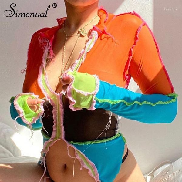 

simenual mesh patchwork slit v neck women crop long sleeve see through club asymmetrical party bodycon t-shirt1, White