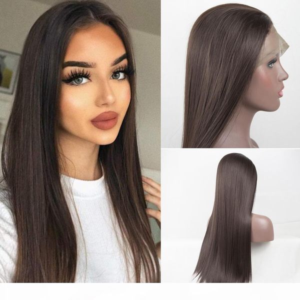 

парик фронта шнурка парики dark brown silk straight жаропрочных волокна синтетические для женщин с естественной hairline и волосами младенца, Black;brown