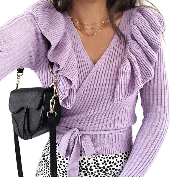 

korean autumn winter vintage sweaters women 2020 slim knit long-sleeved ruffles v-neck women's sweater pullovers, White;black