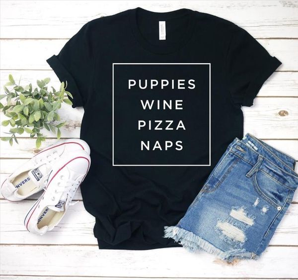 

puppies wine pizza naps women cotton casual funny t shirt gift for lady yong girl tee 6 color drop ship s, White