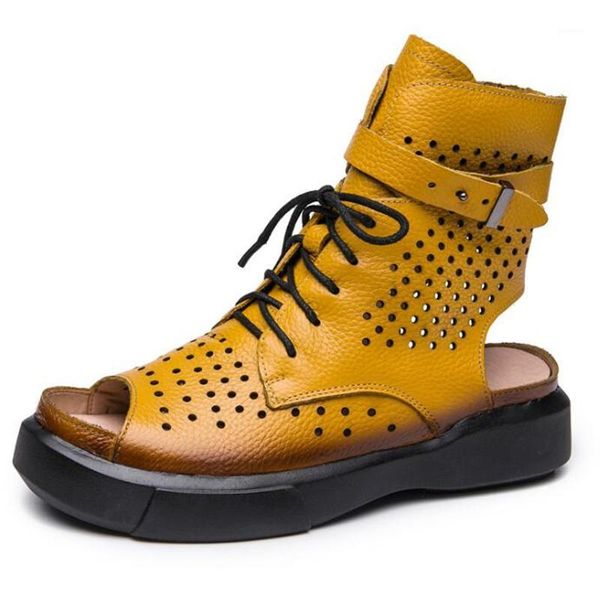 

sale 2020 new summer fish mouth hollow genuine leather sandals fashion breathable cool boots sandals women shoes1, Black