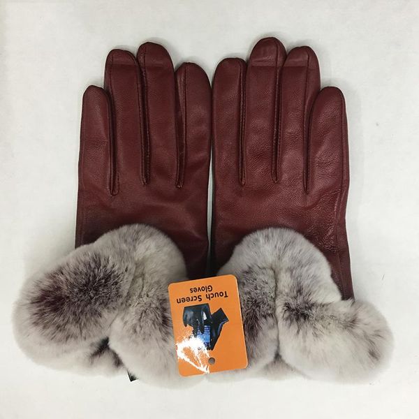 

touch screen gloves female genuine leather warm glove 2020new natural fur luxury real rex rabbit fur women's gloves mittens bbykej, Black