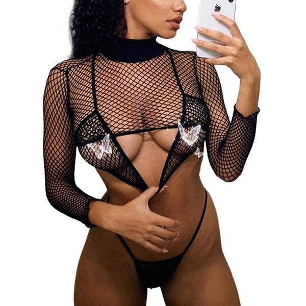 

women's net sheer long sleeve cropped + bra +thong three-piece summer mesh round collar outfits set solid color, Black;white