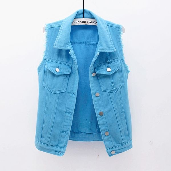 

2021 new women spring autumn denim white blue ladies sleeveless jacket jeans vest woman vintage hole ripped female waistcoat 3h4f, Black;white