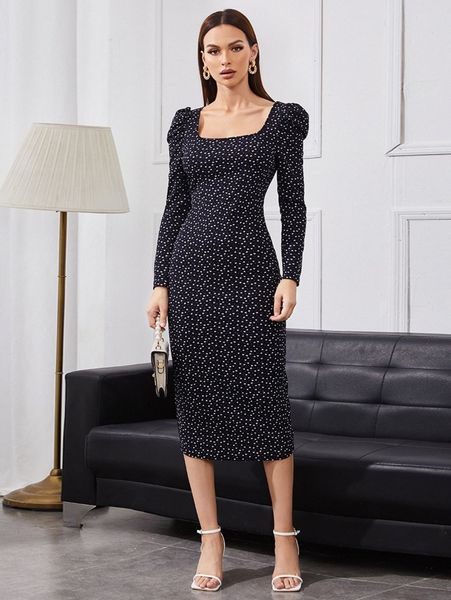 

confetti heart print gigot sleeve dress without belt e7ao#, Black;gray